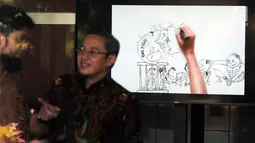 Sebuah layar monitor karikatur pemberantasan korupsi yang terpasang di lobi Gedung KPK, Jakarta, Selasa (20/3). Karikatur tersebut sebagai contoh proses pencegahan korupsi sejak dini. (Merdeka.com/Dwi Narwoko)