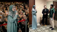 Dikenal sebagai pendakwah yang sangat dekat dengan anak muda, membuat Febby Rastanty begitu semangat mengikuti kajian dari ustaz Hanan Attaki. Bahkan sebelum acara dimulai, bintang sinetron 'Diam-Diam Suka' itu berkesempatan menemui sang ustaz dan bertanya seputar salat. (Liputan6.com/IG/@ayah_amanah)