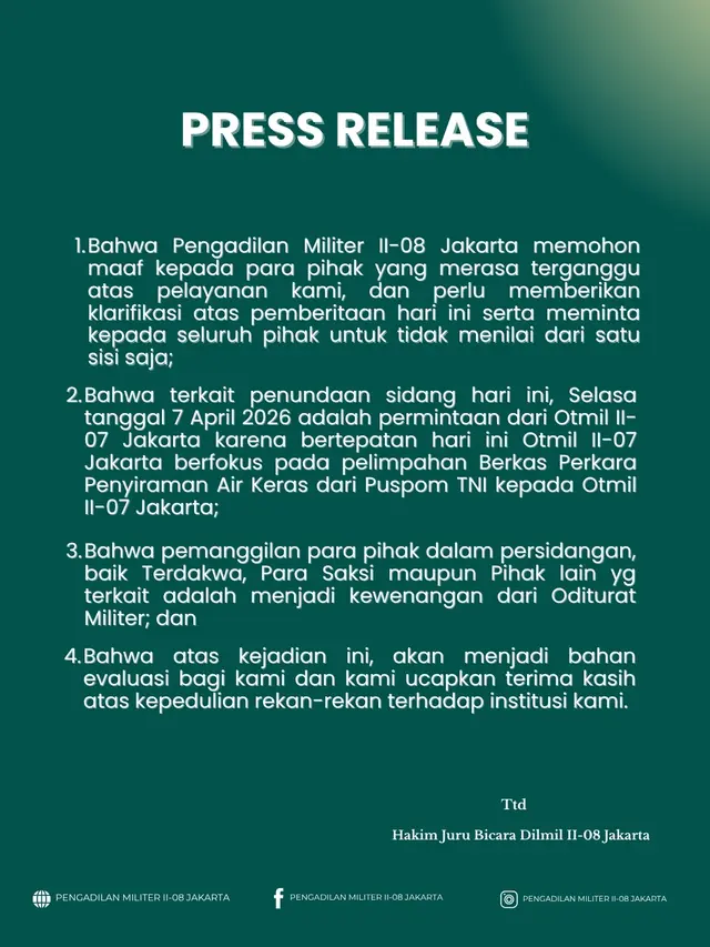 Unggahan Pengadilan Militer II-08 Jakarta di akun Instagram. (Foto: Dok. Instagram @@pengadilanmiliterjakarta)