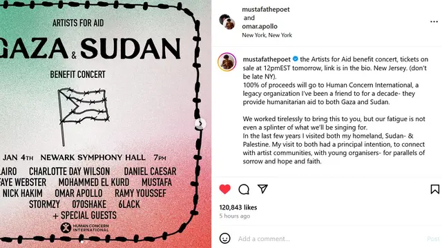 Unggahan Mustafa soal konser untuk Gaza dan Sudan. (Instagram/ mustafathepoet)
