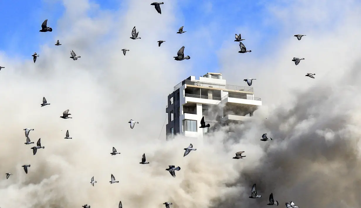 Ratusan burung pun beterbangan menghindari kepulan asap sisa bangunan yang runtuh. (Foto: AFP)