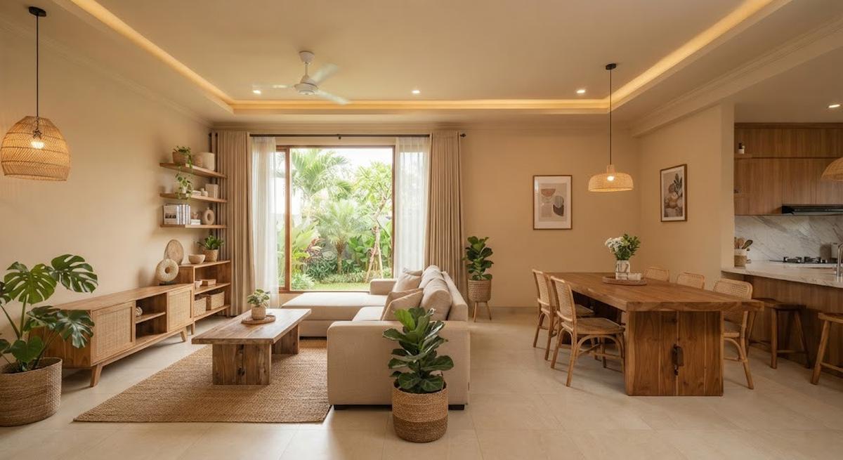 Ide warna plafon selain putih yang tetap membuat ruangan terlihat lapang model beige untuk plafon dan dinding senada
