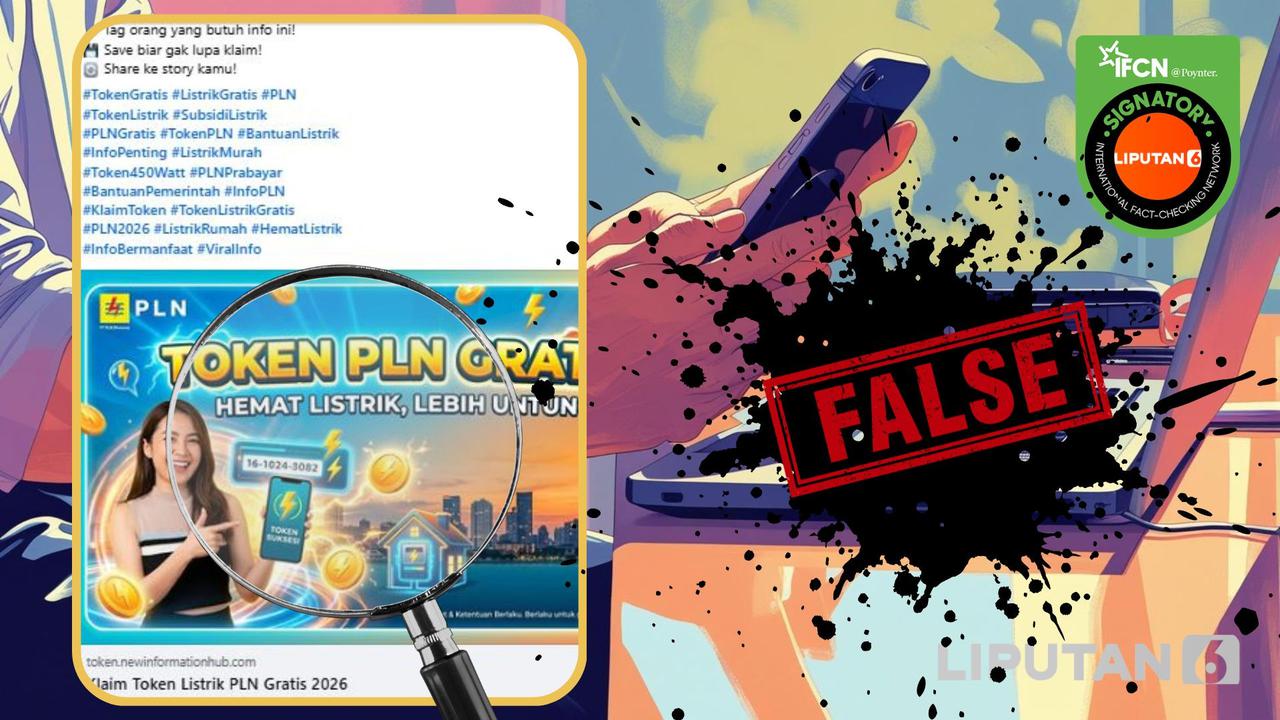 Cek Fakta Liputan6.com menangkap layar klaim link pendaftaran token listrik gratis Rp 750 ribu untuk pelanggan PLN