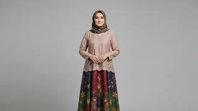 Gamis Batik Brokat Kombinasi Polos dengan Potongan A-Line