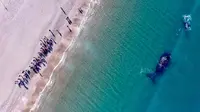 Warga berada di Pantai El Doradillo, Patagonia, Argentina saat paus kanan selatan bermigrasi (30/8). Sejumlah paus bermigrasi setiap tahun dari Antartika ke Patagonia Argentina untuk melahirkan dan memberi makan keturunannya. (AP Photo/Maxi Jonas)