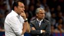 Ekspresi pelatih Hungaria, Bernd Storck (kanan) dan Pelatih Belgia, Marc Wilmots saat timnya berlaga pada babak 16 besar Piala Eropa 2016 di Stadon Municipal, Toulouse, Senin (2//2016) dini hari WIB.  Belgia menang 4-0. (EPA/Vassil Donev)