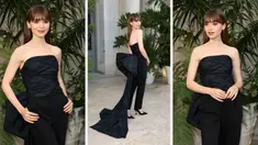 Foto kolase Lily Collins saat menghadiri Ralph Lauren SS23 Runway Show di The Huntington Library, Art Collections, and Botanical Gardens di San Marino, California pada 13 Oktober 2022. (Amy Sussman/Getty Images/AFP)