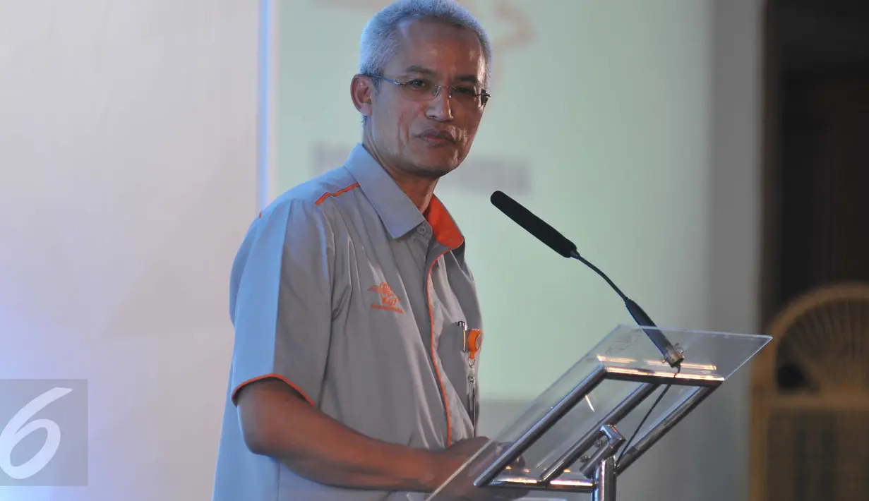 Direktur Utama PT Pos Indonesia, Gilarsi WS memberi pidato saat acara penandatanganan MOU di Kantor Pos Indonesia, Jakarta, (7/12). MatahariMall.com beserta PT. Kntor pos bekerja sama yakni Online-to-Offline (O2O). (Liputan6.com/Gempur M Surya)