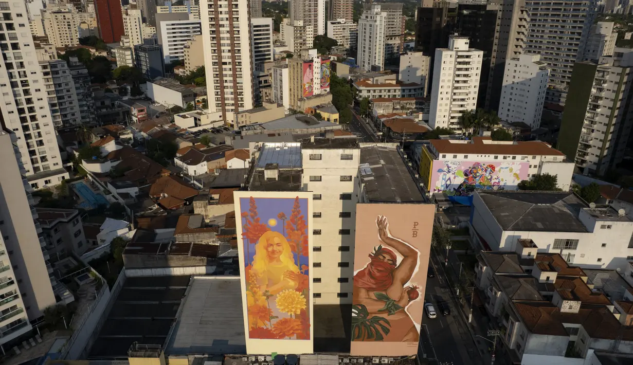 Mural raksasa karya seniman Priscila Barbosa dipajang di Sao Paulo, Brasil, Selasa (28/9/2021). Para seniman mural papan atas dikerahkan membuat lukisan raksasa karya terbaik mereka untuk berpartisipasi dalam festival di kota tersebut selama seminggu. (AP Photo/Andre Penner)