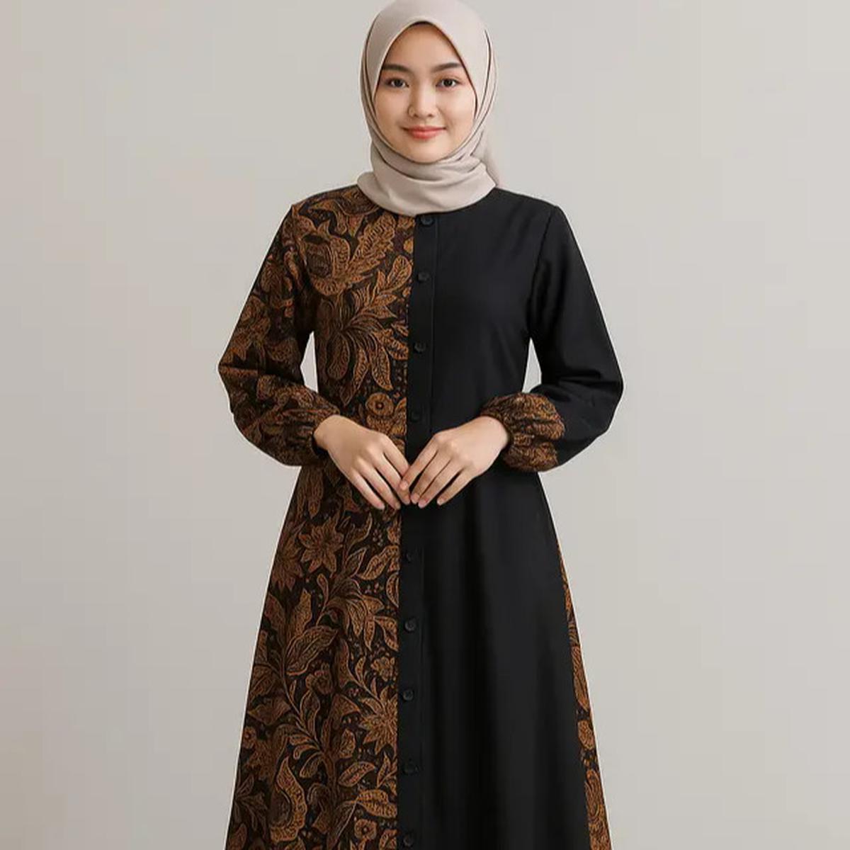 Gamis Batik Modern Kombinasi Polos & Motif Full Kancing