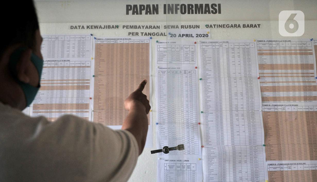 Salah seorang penghuni melihat data kewajiban pembayaran bulanan di Rusunawa Jatinegara Barat, Jakarta, Minggu (3/5/2020). Pemprov DKI Jakarta berencana membebaskan uang retribusi rusunawa akibat kesulitan ekonomi di tengah pandemi COVID-19. (merdeka.com/Iqbal S. Nugroho)
