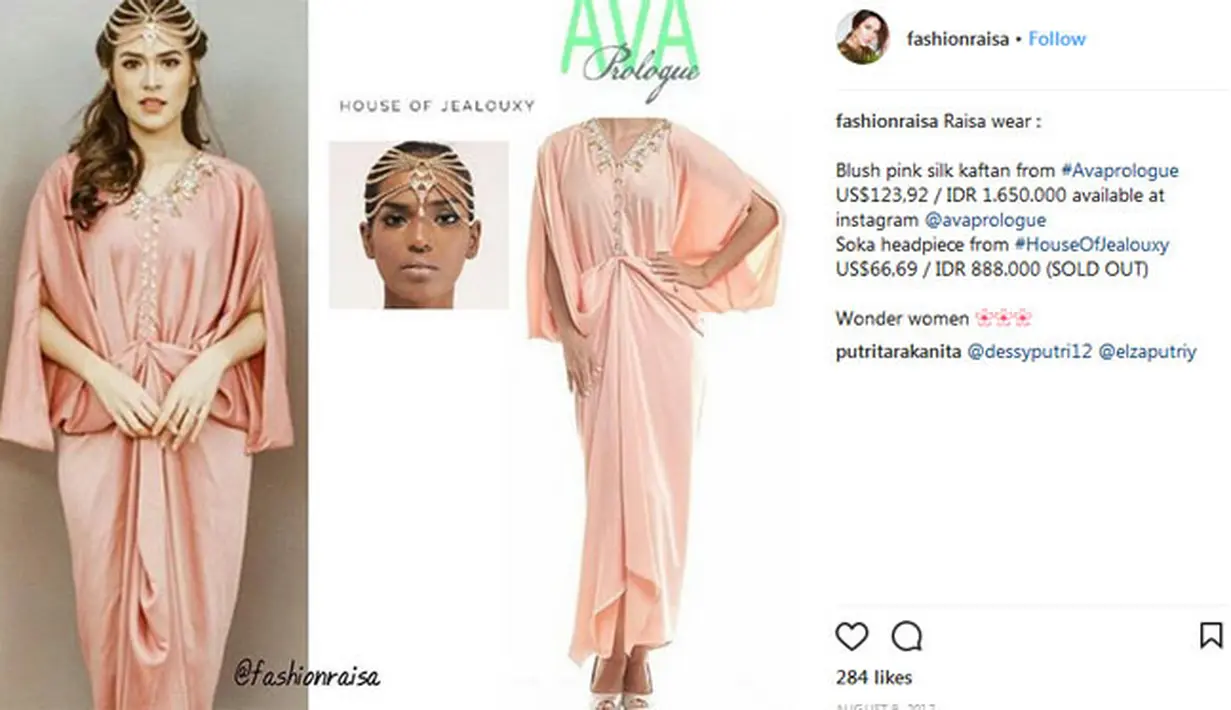 Tidak selalu seksi, Raisa pun cantik banget saat mengenakan kaftan seperti ini. Sepertinya ini bukan satu-satunya kaftan yang dimiliki Raisa, dan untuk harganya Raisa harus mengeluarkan uang sebesar Rp 1.650.000. (Instagram/fashionraisa)