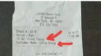 Struk Pembayaran Kafe di New York Menulis Nama Pelanggan Asia Ching Chong (Foto: Facebook Ziggy Chau)