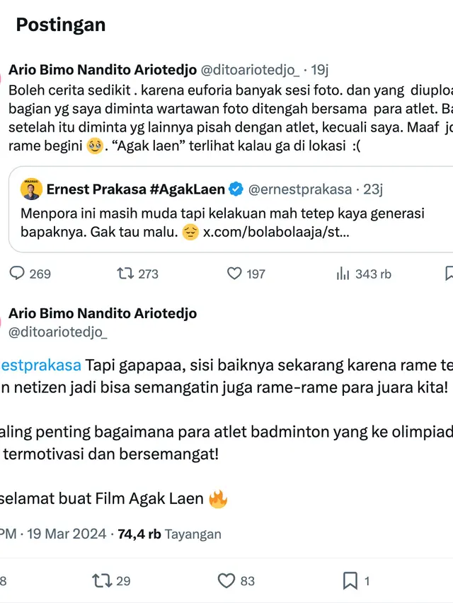 Unggahan Dito Ariotedjo. (Foto: Dok. Twitter @ditoariotedjo_)