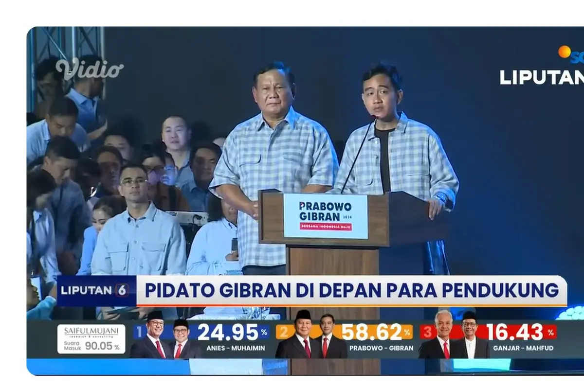 Capres dan Cawapres nomor urut 02 Prabowo Subianto-Gibran Rakabuming Raka saat pidato dan deklarasi kemenangan hasil sementara quick count Pemilu 2024 di Istora Senayan, Rabu (14/2/2024).