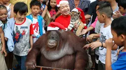 Orangutan bernama Pacquiao mengenakan topi Santa Claus dikelilingi anak-anak saat merayakan pesta natal di Malabon, Filipina (21/12). Pacquiao yang terlihat gemuk ini duduk di gerobak dan dikelilingi anak-anak. (AP Photo / Bullit Marquez)