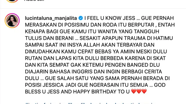 Unggahan Lucinta Luna soal Jessica Wongso. (Foto: Dok. Instagram @lucintaluna_manjalita)