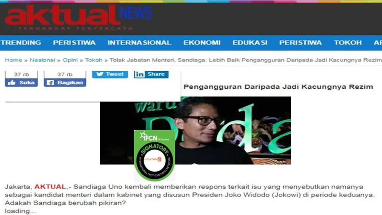 [Cek Fakta] Gambar Tangkapan Layar Berita Tentang Sandiaga Uno