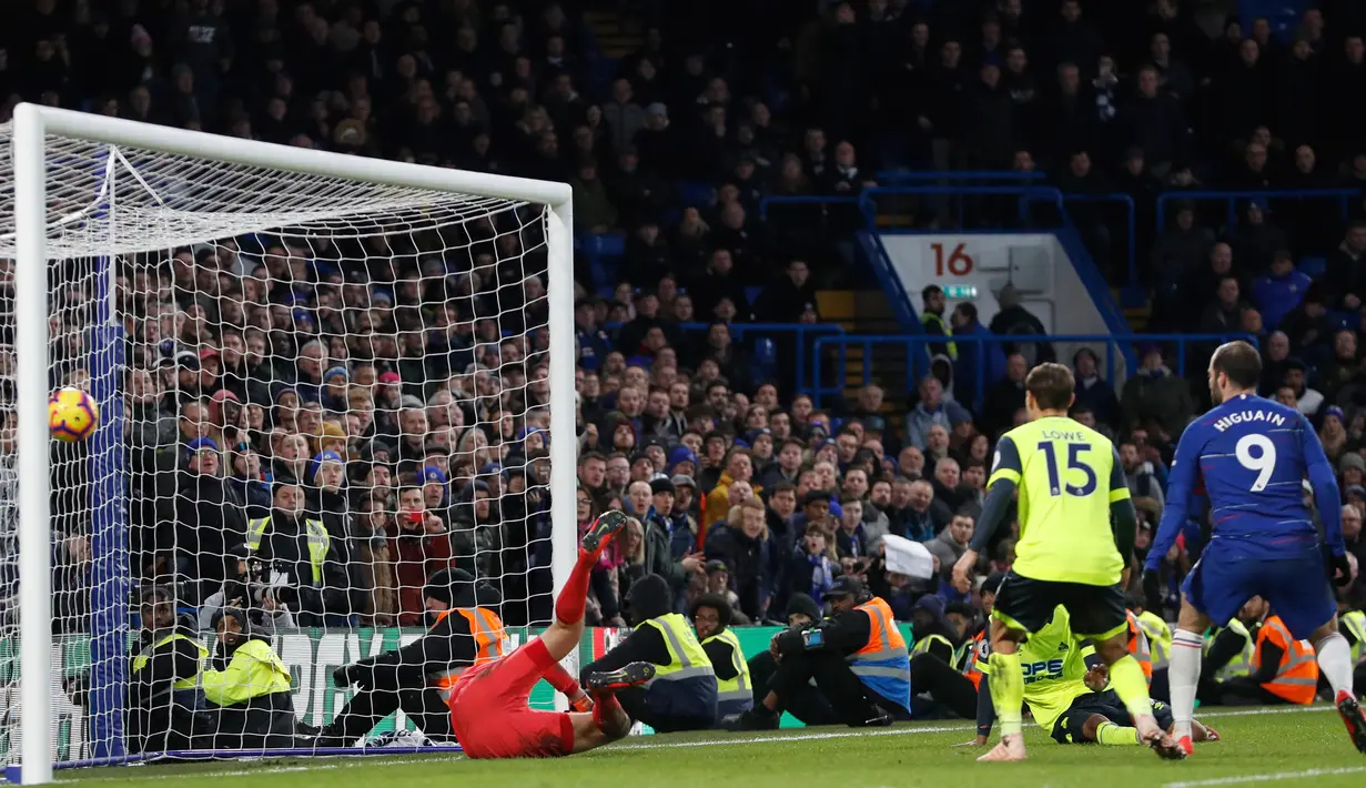 Kiper Huddersfield Town, Jonas Lossl mencoba menghalau tendangan pemain Chelsea David Luiz saat bertanding dalam lanjutan Liga Inggris di Stadion Stamford Bridge, London, Sabtu (2/2). (AP Photo/Alastair Grant)