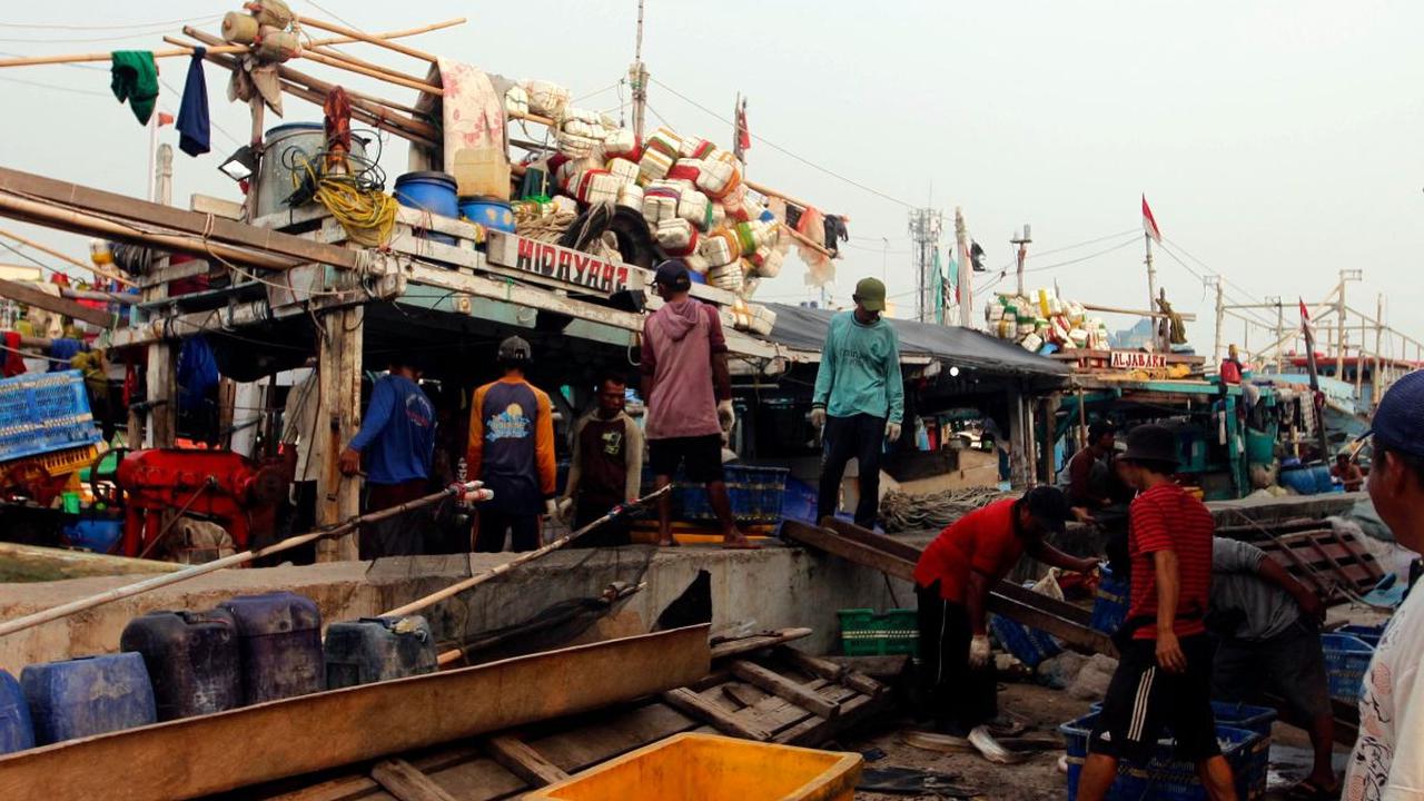 Suasana nelayan saat melempar ikan Cakalang dari dalam lambung kapal selama bongkar muat di TPI Muara Karang, Jakarta, Selasa (1/8/2023).