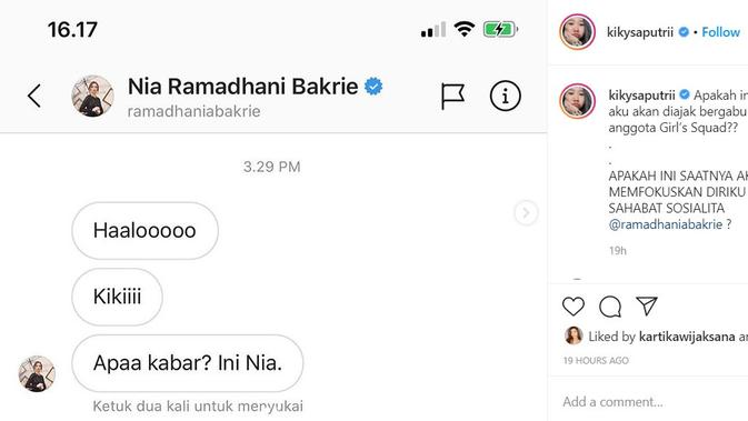 Kiky Saputri pamer percakapannya dengan Nia Ramadhani (https://www.instagram.com/p/CAXM1MuJIBL/)