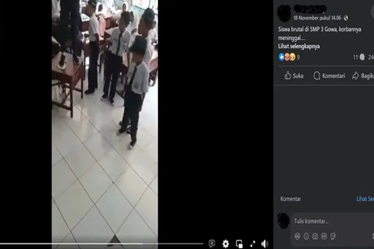 Gambar tangkapan layar kabar tentang korban perundungan siswa SMP 3 Gowa, Sulawesi Selatan meninggal dunia. (sumber: Facebook)