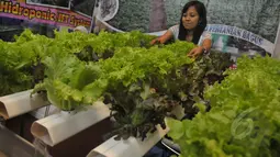 Sebuah stand yang tentang budidaya tanaman hidroponik ikut ambil bagian dalam Agrinex Expo ke-9 yang digelar di JCC, Jakarta, Sabtu (21/3/2015). (Liputan6.com/Johan Tallo)
