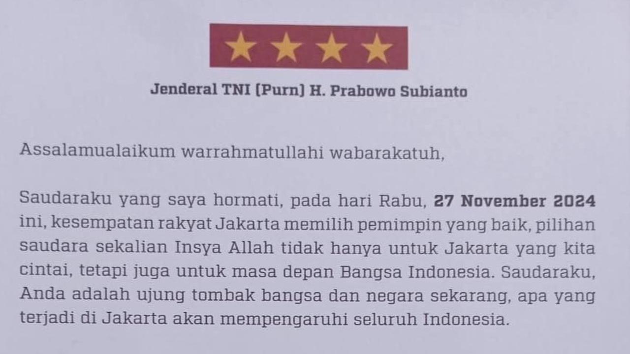 VIDEO: Kop Surat Bintang Empat Disorot, Prabowo Ajak Warga Jakarta Pilih RK Suswono