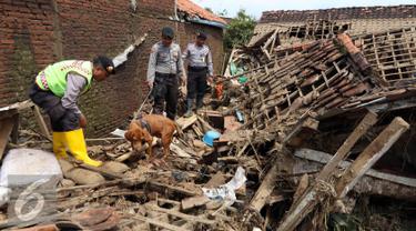 Petugas mengintruksikan Anjing pelacak K-9 saat menyisir reruntuhan bangunan rumah akibat banjir bandang di Kampung Bojong Sudika, Cimacan, Garut, Jumat (23/9). (Liputan6.com/Johan Tallo)