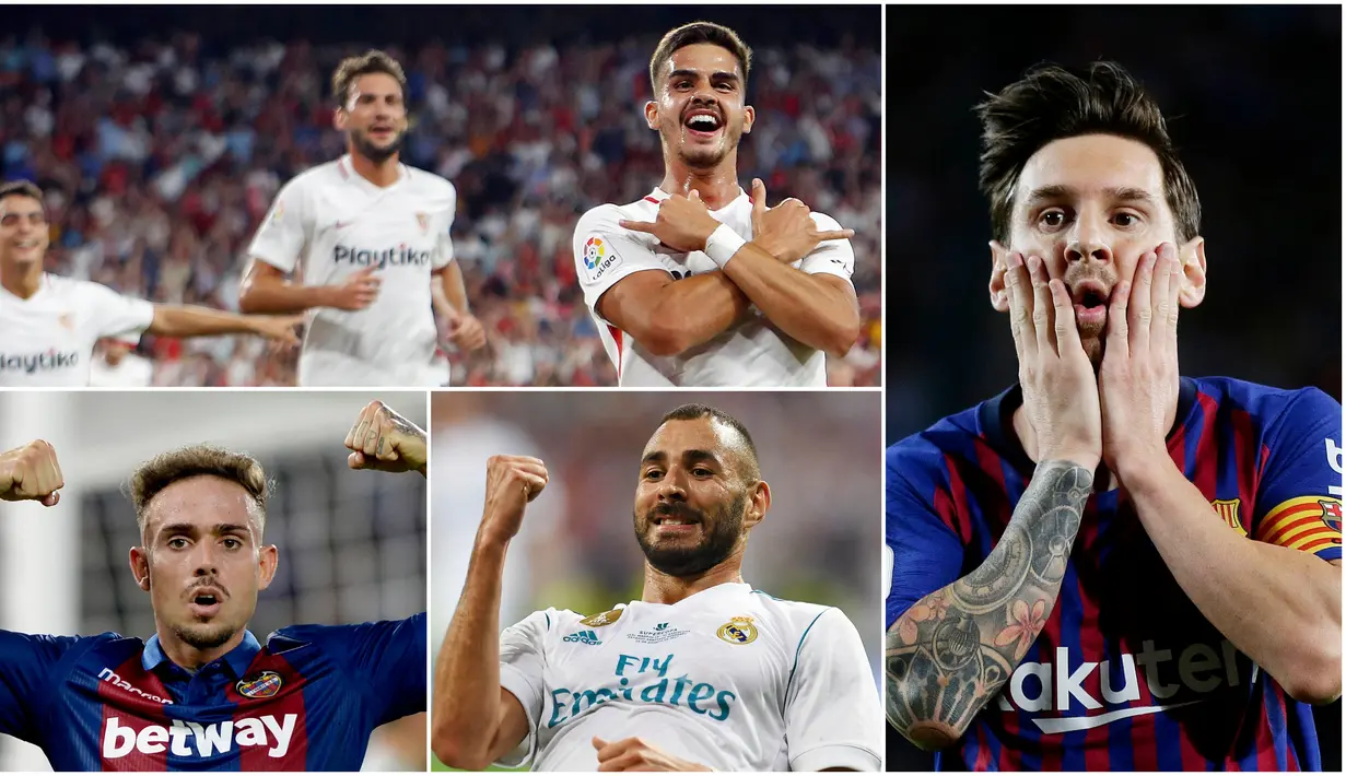 Striker Sevilla, Andre Silva, memuncaki daftar top scorer sementara La Liga 2018/2019 dengan menorehkan 6 gol. Mantan pemain AC Milan ini mempu mengungguli bintang Barcelona, Lionel Messi, yang hanya mengoleksi 5 gol. (Foto-foto Kolase AP dan AFP)