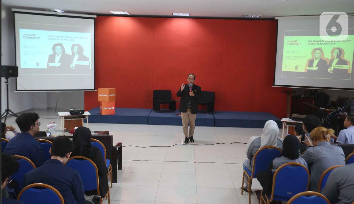 Sebelumnya, Ketua Trisakti Multimedia (TMM), Budi Suyanto, S.Sn., M.Si., menyampaikan apresiasi dan rasa terima kasih kepada seluruh narasumber serta peserta yang telah hadir dan berpartisipasi dalam kegiatan ini. Tampak dalam foto, etua Trisakti Multimedia (TMM), Budi Suyanto, S.Sn., M.Si., memberi sambutan sebelum paparan materi dengan tema “The Power of Visual Storytelling in Digital Journalism,” dalam program Liputan6 Connect di Aula Lantai 3 Kampus Trisakti School of Multimedia, Jakarta Timur, pada Kamis 2 April 2026. (Liputan6.com/Helmi Fithriansyah)