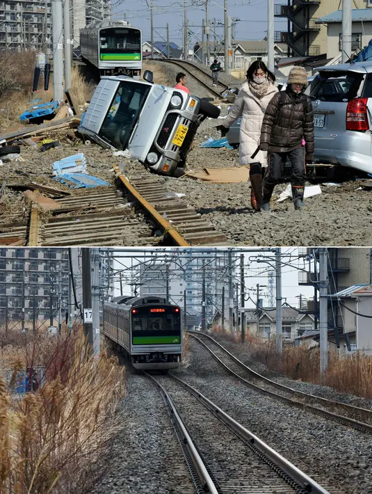 Foto kombinasi menunjukkan orang-orang (atas) berjalan di rel kereta api yang dipenuhi mobil di Tagajo, prefektur Miyagi pada 13 Maret 2011; dan area yang sama hampir 10 tahun kemudian (bawah) pada 26 Januari 2021.   (AFP/Toru Yamanaka, Kazuhiro Nogi)