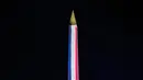 Foto ini memperlihatkan Obelisque de Louxor (Luxor Obelisk) yang diterangi warna bendera Prancis di Place de la Concorde saat Upacara Pembukaan Paralimpiade Paris 2024, Rabu (28/8/2024). (Dimitar DILKOFF / AFP)