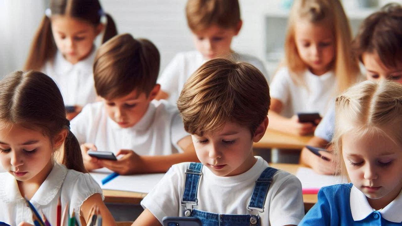 ilustrasi anak sekolah main ponsel di kelas