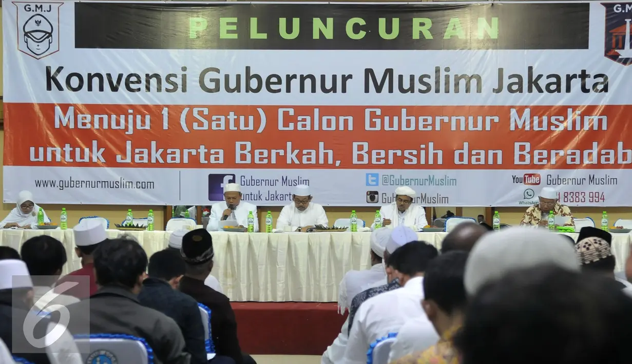 Suasana acara Konferensi Pers Peluncuran Konvensi Gubernur Muslim, Jakarta, Kamis (25/2).  Habib Muhammad Rizieq Shihab mengusung calonnya sendiri buat menghadapi Ahok, dan membuka pendaftaran calon gubernur versi dirinya. (Liputan6.com/Johan Tallo)