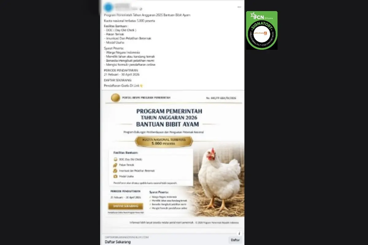 Cek Fakta Liputan6.com mendapati klaim link pendaftaran bantuan bibit ayam periode 21 Februari - 30 April 2026. (Foto: Tangkapan layar Facebook).