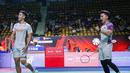 Luapan kegembiraan dari Leo Rolly Carnando dan Daniel Marthin usai mendapatkan poin saat pertandingan perempat final Thailand Open 2026 saat melawan Peeratchai Sukphun/Pakkapon Teeraratsakul, Jumat (15/5/2026) di Bangkok.