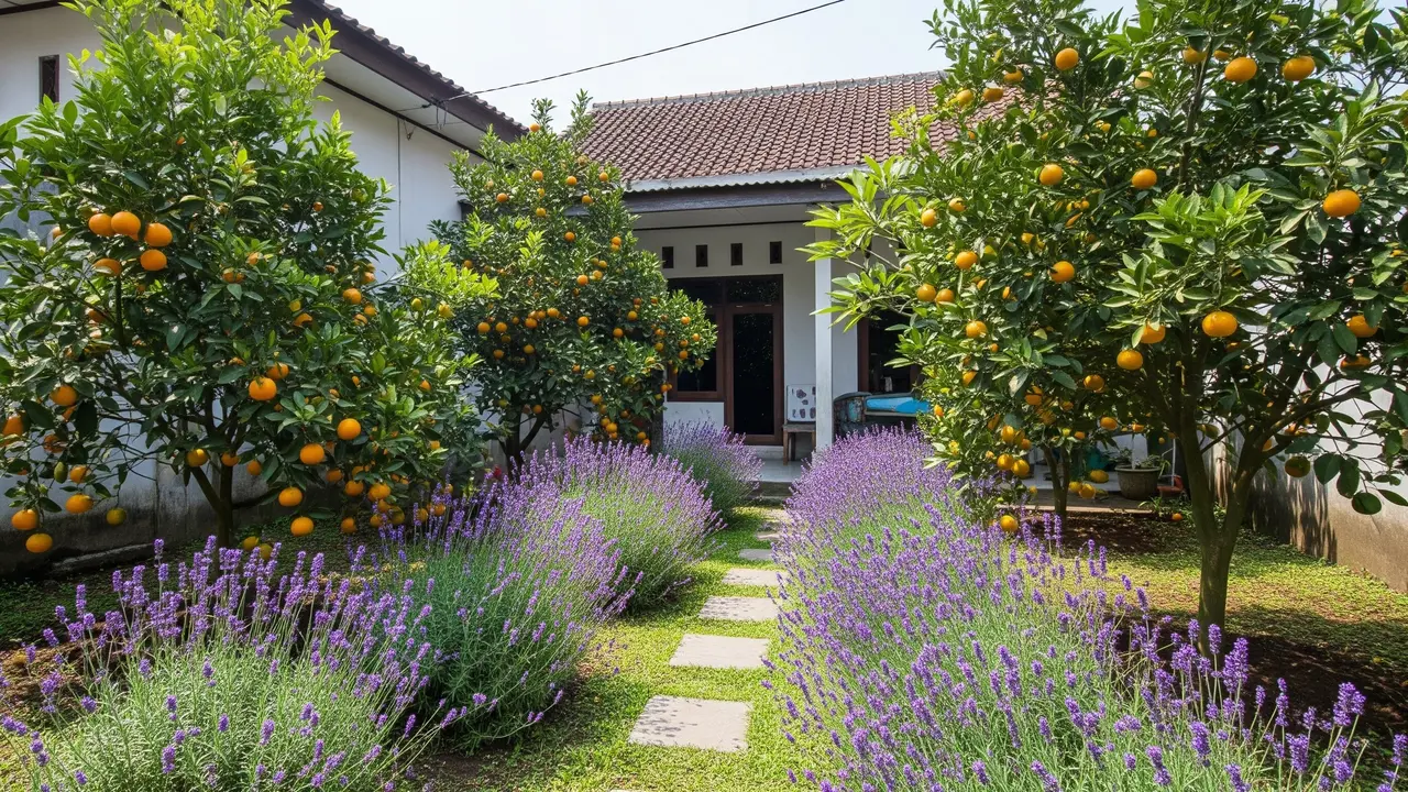 Jenis Tanaman Buah dan Hias yang Cocok Digabung di Kebun Pekarangan Kombinasi Jeruk dan Lavender