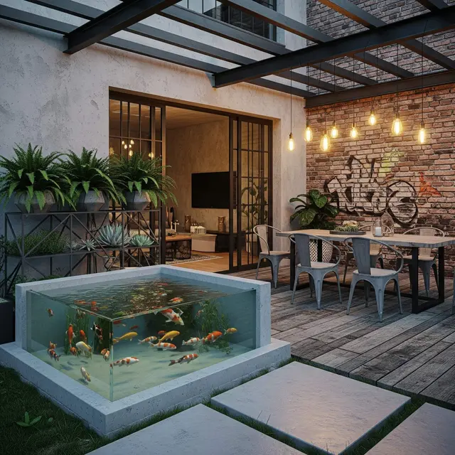 Ide Teras Rumah Luas dengan Kolam Ikan Mini di Sudut Depan