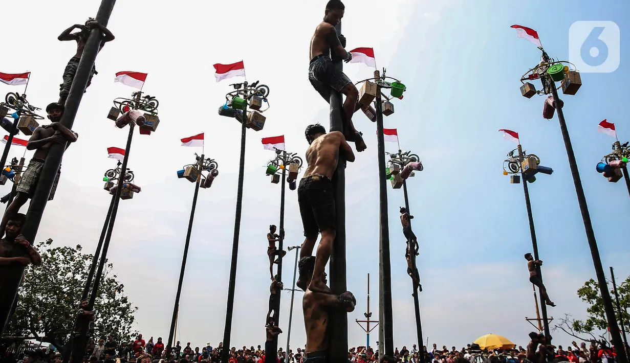 Peserta mengikuti perlombaan panjat pinang di pantai Ancol, Jakarta, Sabtu (17/8/2024). (Liputan6.com/Angga Yuniar)