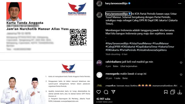 Vicky Prasetyo, Yusuf Mansur, Hingga Aldi Taher Daftar Jadi Caleg dari Perindo. (instagram.com/hary.tanoesoedibjo)