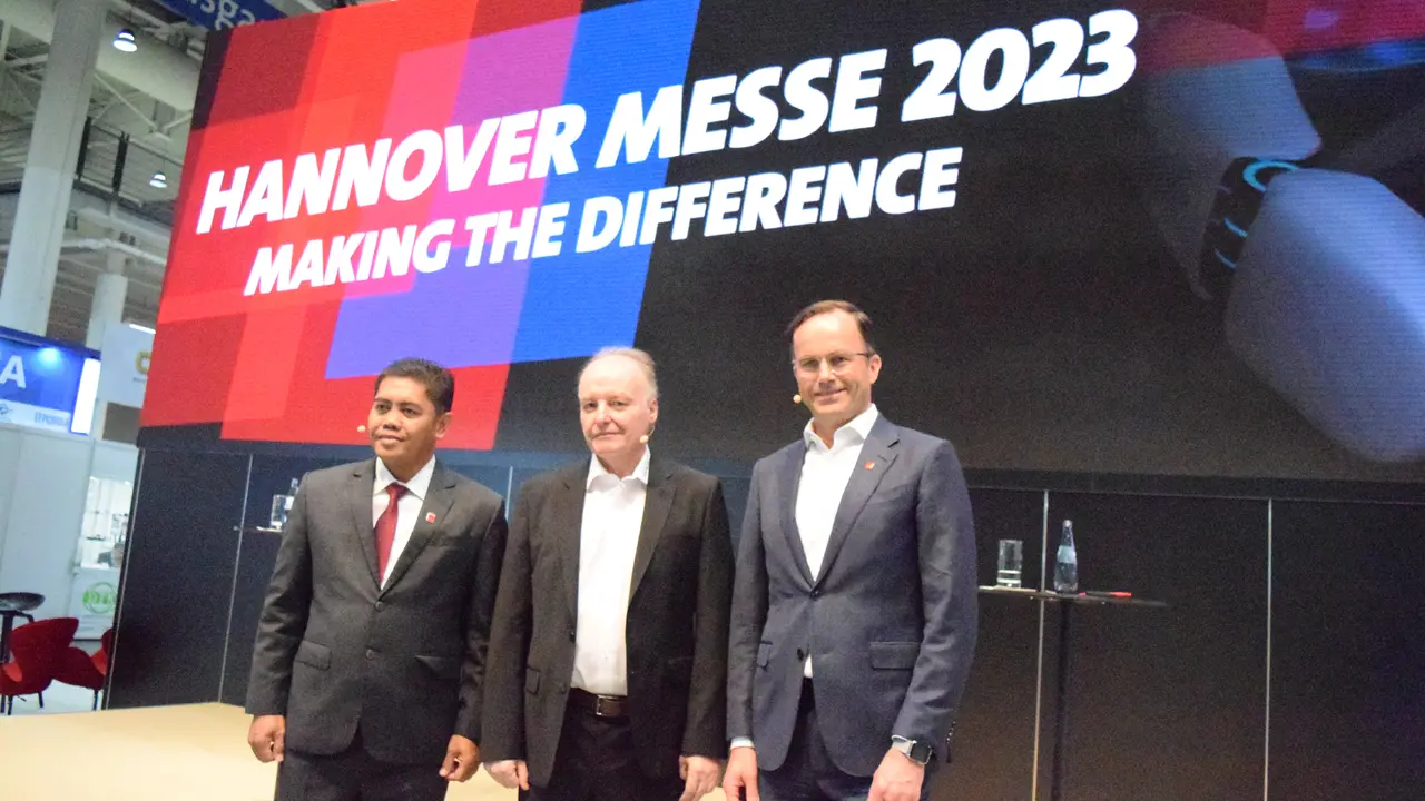 Direktur Jenderal Ketahanan, Perwilayahan, dan Akses Industri Internasional (Dirjen KPAII), Eko S.A. Cahyanto saat menghadiri konferensi pers Hannover Messe 2023. (Istimewa)