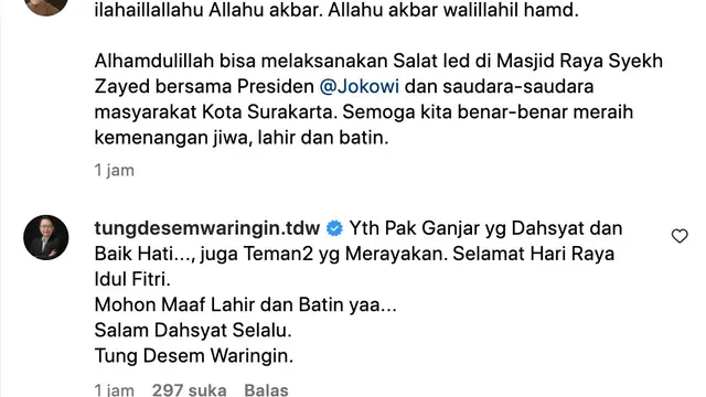 Cuitan Ganjar Pranowo soal salat Id bareng Presiden Jokowi di Masjid Syekh Zayed Solo. (Foto: Dok. Instagram @ganjar_pranowo)