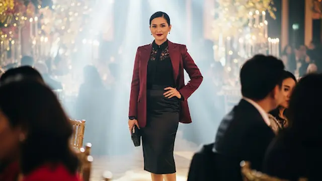 Atasan Brokat Hitam dengan Satin Blazer Merah Maroon