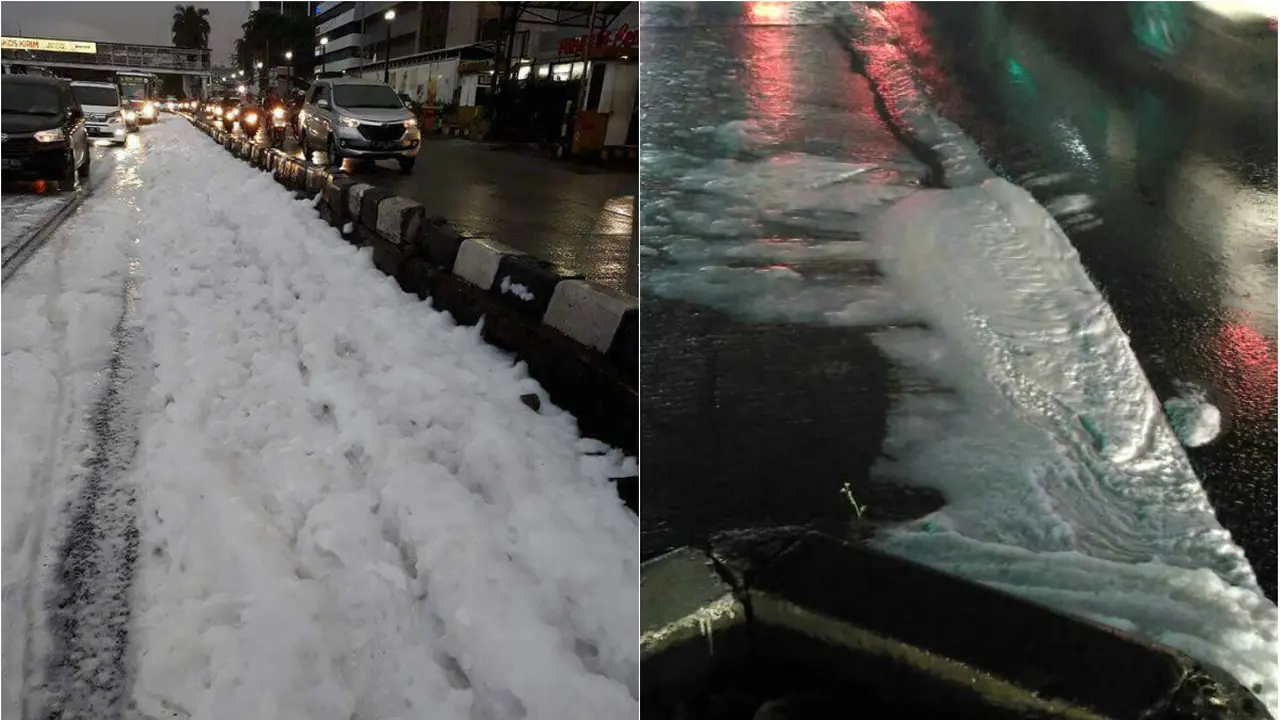 Penampakan benda mirip salju bercampur air hujan di kawasan Jalan Sudirman - MH Thamrin