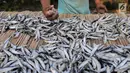 Pekerja menyelesaikan pengolahan ikan asin di kawasan Muara Angke, Jakarta, Kamis (4/7/2019). Hasil produksi ikan asin tersebut dipasarkan di wilayah Jakarta dan berbagai wilayah lainnya. (Liputan6.com/Faizal Fanani)