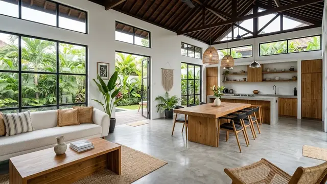 Model Rumah dengan Lantai Semen Ekspos dan Dekorasi Kayu