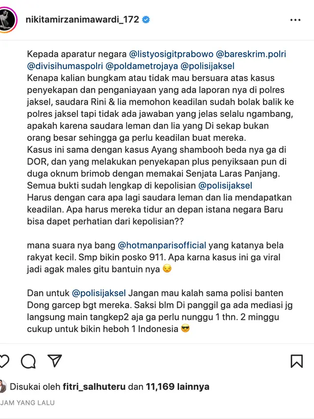 Unggahan Nikita Mirzani. (Foto: Instagram @nikitamirzanimawardi_172)