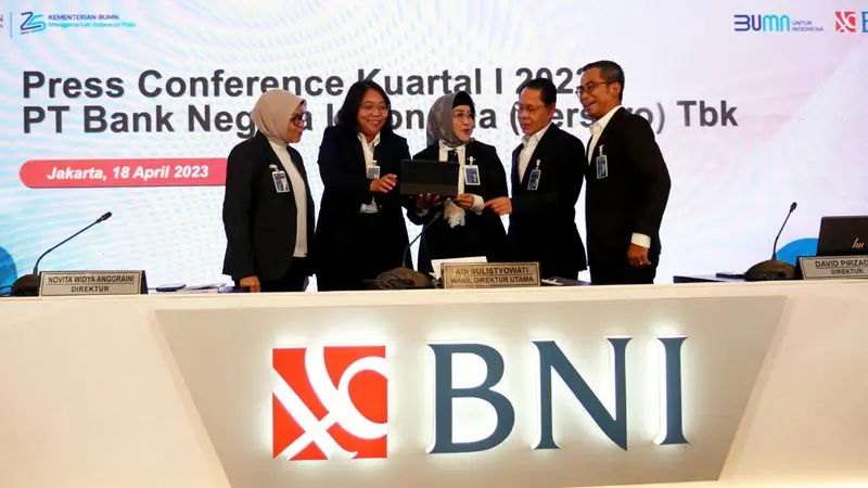 Konfrensi pers laporan keuangan kuartal I 2023 PT Bank Negara Indonesia (Persero) Tbk (BBNI), Selasa (18/4/2023). (Foto: BNI)