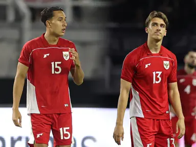 Dua pemain naturalisasi baru Timnas Indonesia, Milano Jonathans (kiri) dan Mauro Zijlstra melakoni laga debut saat FIFA Matchday melawan Chinese Taipei di Stadion Gelora Bung Tomo (GBT), Surabaya, Jumat (05/09/2025). (Bola.com/Abdul Aziz)